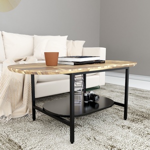Meubles de salon au design industriel, table basse ovale durable à 2 niveaux, structure en fer, plateau en bois d'acacia, 120x60x60cm - Modèle TT68157 - Product Image 3