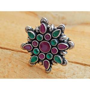 Anillo DE BODA fino de Plata de Ley 925 Esmeralda rubí natural hecho a mano estilo de corte de pavé Vintage para regalo de mujer - Product Image 1