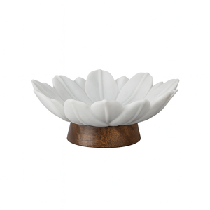 Floral White <b>Petal</b> Marble Bowl on Wooden Base Luxury Handcrafted Home Decor Trending Centerpiece Modern Sculptural Fruit Bowl - Product Image 1