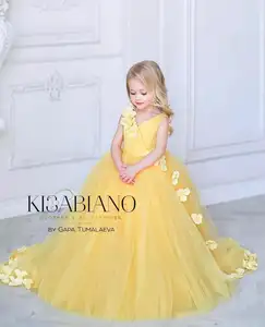 V Back Yellow Tulle Wedding Flower Girl Dress Kids Princess Birthday Party Dress with Train