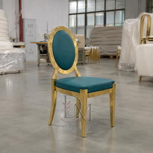 Chaise de mariage ronde en acier inoxydable doré avec dossier médaillon et revêtement vert sarcelle pour événements de mariage et banquets - Sièges événementiels - Product Image 3