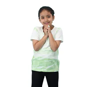 Трикотажная футболка из чистого хлопка для девочек, зеленая футболка стандартной длины с круглым вырезом и рукавом до локтя и краской, 100%