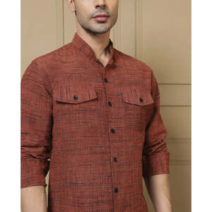 Amanush <b>Men's</b> Cotton Tan Textured Kurta With Pant Co-ord Set Woven Mandarin Collar Full Sleeve Casual Summer Daily Wear - Product Image 2