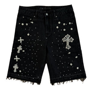 Shorts en jean diamant pour homme de qualité supérieure, style streetwear estival, vintage, décontracté, hip-hop, ample, délavé, ourlet brut, appliqué de strass - Product Image 1
