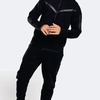 Ensemble de survêtement streetwear OEM en molleton technique 100 % coton imprimé noir pour homme, avec sweat à capuche zippé et pantalon de jogging