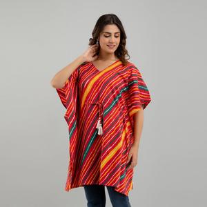 Vestido Kaftan de Algodón con Estampado Leheriya Rojo, Elegante y Moderno, Largo hasta la Rodilla, Ropa Casual de Noche para Club, Suministro ODM-SHKUP1230 - Product Image 5