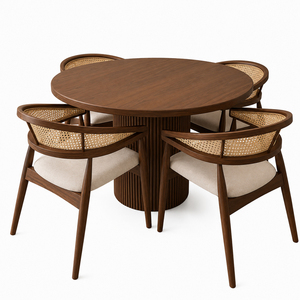 Elegant Solid Teak Contemporary Export Dining <b>Table</b> Set <b>Walnut</b> Finish Round Cane Dining Chair for Restaurant and Villa Furniture - Product Image 1