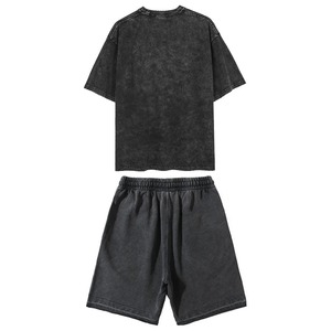 Ensemble de vêtements vintage en coton lavé noir pour hommes, t-shirts à manches courtes, shorts à taille élastique, tenues d'été décontractées et amples - Product Image 6