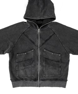 Sweat à capuche surdimensionné en molleton bouclette 100 % coton pour homme, personnalisé OEM, avec manches raglan, poche plaquée et fermeture éclair intégrale, effet délavé à la pierre, idéal pour l'hiver - Product Image 2