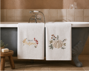 Ensemble de serviettes de bain en coton brodé, design automne et Thanksgiving, doux, absorbant, rectangulaire, pour usage domestique - Product Image 1
