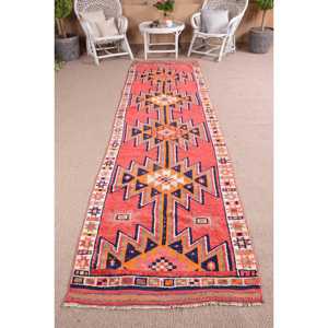 Turkish <b>Runner</b> Rug 3.2x12.6 ft, Vintage Herki <b>Red</b> Polka dot Wool Rug - Product Image 1