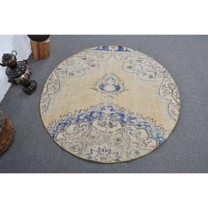 Tapis turc vintage beige bleu 4.5x4,5 pieds fait à la main en laine avec support en latex Patchwork Design Style Tabriz pour salon adolescent - Product Image 1