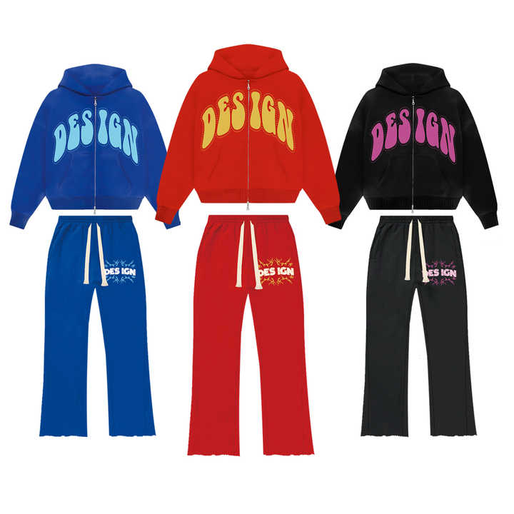 2025 Wholesale Best Custom Logo Double Zipper Hoodie and Flared Sweatpants Set Pink Tracksuit for Men 100% Cotton for Winter