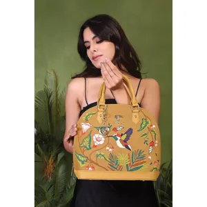 Luxury Vegan Leather Embroidered Bowling Bag with Zipper Closure for Women Casual Style Two Handles 2-2.9L Capacity - Product Image 6