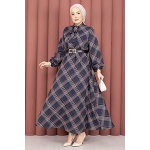 Navy Blue <b>Plaid</b> Pattern Hijab Modest <b>Dress</b> with Gathered Waist - Product Image 1