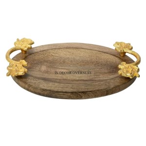 Premium Quality Metal Made Round Shape Silver Shiny <b>Mirror</b> Polished <b>With</b> Gold Plated Flowers Design Handle Serving <b>Tray</b> Supplies - Product Image 2