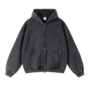 Sweat à capuche zippé personnalisable pour homme haut de gamme en détresse délavé à l'acide patché épaule tombante poids lourd Streetwear broderie à capuche - Product Image 1