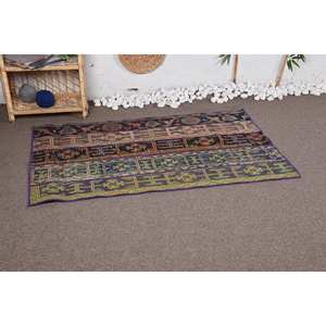 Tapis vintage classique en laine écologique à poils moyens, patchwork vert et violet, 3x4,9 pieds, avec envers en latex pour la décoration du salon - Product Image 2