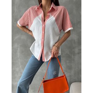 Camisa Blusa Casual de Lino y Mezcla de Algodón y Poliéster con Rayas Naranjas y Hombros Caídos Topshow para Mujer, Venta al por Mayor, Disponible para Pedidos al por Mayor - Product Image 4