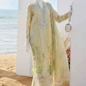 Handcrafted Pastel Yellow Pakistani Embroidered Lawn <b>Suit</b> Elegant Summer Festive Dress For Women - Product Image 1