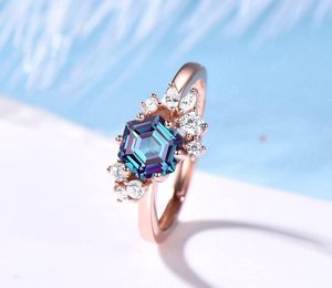 Anillo de Compromiso Hexagonal de Plata de Ley 925 con Alejandrita, Clásico, Chapado en Oro Rosa de 18K, Certificado por Terceros, Anillo de Boda - Product Image 2