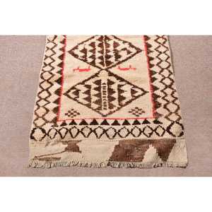 2.5x12.6 ft Vintage Rug, Turkish Runner Rug, <b>Brown</b> Check <b>Wool</b> Rug - Product Image 5