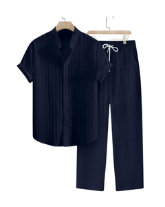 Conjunto de 2 piezas a rayas de color sólido de verano para hombre, pantalones con cordón de cuello levantado de moda informal perfectos para vacaciones en la playa - Product Image 4