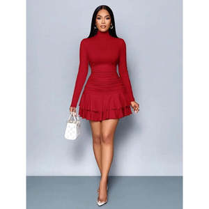 Robe courte à col roulé et manches longues pour femme, 38056 - Rouge - Product Image 3