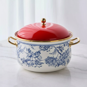 Blue White Floral Enamel Printed Durable Non-Stick Stainless Steel Hot Pot <b>Food</b> Warmer Premium Table Serving - Product Image 4