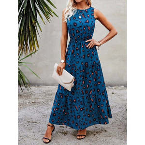 Robe Supreme à motifs pour femmes, sans manches, col rond, taille élastique, 34959 - Bleu - Product Image 1