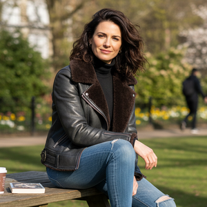 Veste de motard en cuir véritable pour femme, design à carreaux d'hiver avec garniture en fourrure de renard et fermeture à glissière - Product Image 4