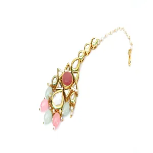 Conjunto de Joyería Fina Pink Tumble Polki para Mujer, Collar de Gargantilla Vintage de Lujo con Pendientes y Maang Tikka, Chapado en Oro - Product Image 5