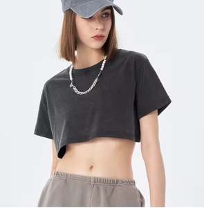 Camiseta corta de algodón peinado con logotipo personalizado para mujer, camisetas sueltas de gran tamaño con lavado ácido - Product Image 1