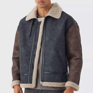 Chaqueta de invierno de cuero para hombre con cuello de piel de oveja modernizada que ofrece atractivo elegante y calidez funcional para el clima frío - Product Image 2
