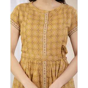 Vestido Amarillo de Algodón Estampado hasta la Rodilla para Mujer, Estilo Casual Elegante, Cintura Natural, Transpirable, para Oficina, Talla XS - Product Image 2