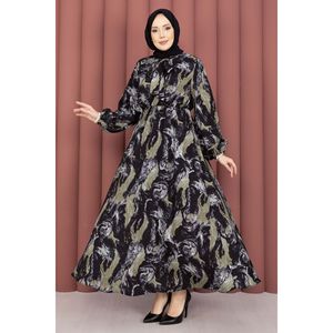 Women's Patterned Black Scarf Collar Hijab Dress Chiffon Fabric with Natural Waistline A-Line Silhouette - Product Image 1