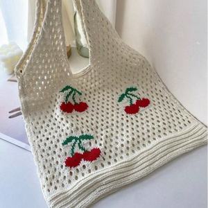 Bolso Tote de Gran Capacidad Tejido a Crochet con Diseño de Cerezas para Verano 2025, Bolso de Hombro Tejido Calado para Playa - Product Image 2