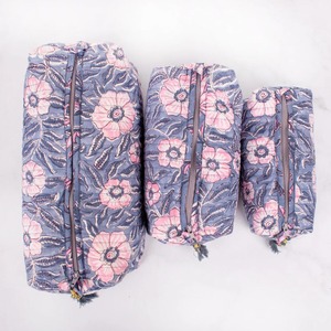 Beautiful Handmade Grey Floral Quilted Vintage Water Resistant Eco-Friendly <b>Zipper</b> Closure Block Printed Cotton Cosmetic Case - Product Image 3