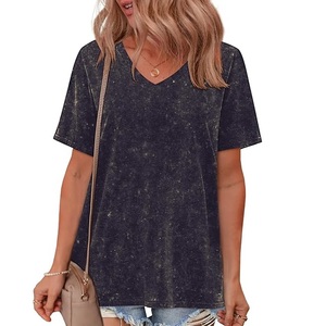 Camisetas de manga corta lavadas con ácido Vintage personalizadas para mujer, ropa de calle informal de gran tamaño transpirable a cuadros Modal de poliéster - Product Image 3