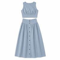 Ensemble jupe courte 2 pièces pour femme, décontracté, été, uni, 100% lin, sans manches, taille haute, boutonné devant, respirant, jupe au genou, tendance