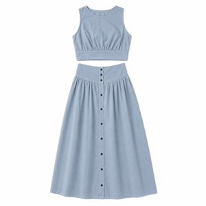 Ensemble jupe courte 2 pièces pour femme, décontracté, été, uni, 100% lin, sans manches, taille haute, boutonné devant, respirant, jupe au genou, tendance - Product Image 2