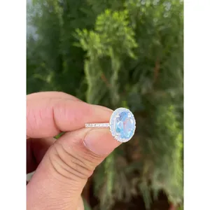 925 <b>Silver</b> Boho Romantic <b>Statement</b> <b>Ring</b> with Aquamarine Oval Cut Natural Stone Rhodium Plated Platinum for Engagement - Product Image 3