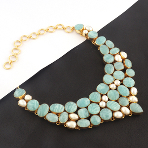 สร้อยคอมุกน้ำจืด Amazonite,สร้อยคอเพื่อนเจ้าสาวหินหลายชิ้นชุบทองสร้อยคอสายโซ่ตะขอเกี่ยวดีไซน์หรูหรา - Product Image 3