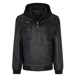 High Street hommes Bomber pilote veste 100% cuir de mouton véritable coupe ajustée fermeture éclair respirant couette doublure amovible avec capuche - Product Image 1