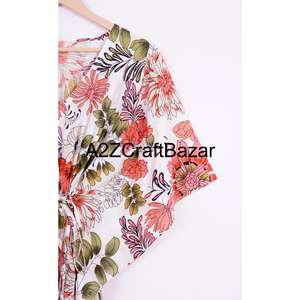 Caftán para Mujer, Algodón Indio, Estampado Floral a Mano, Maxi Largo, para Playa, Ropa de Dormir, Kimono, Cuello en V, Cinturón, Lavable, Diseño Y2K - Product Image 4