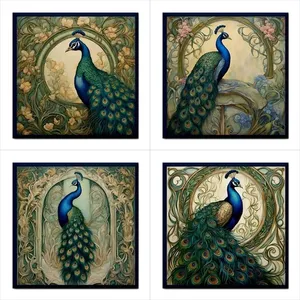 Juego de azulejos de cerámica Peacock Art Nouveau, 4 azulejos decorativos contra salpicaduras para paredes exteriores, patio, sala de estar, función de ladrillo refractario - Product Image 1
