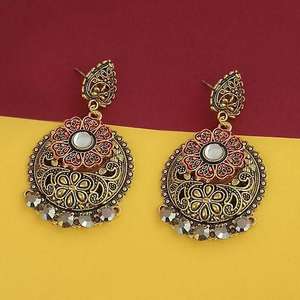 Kriaa <b>Fine</b> <b>Hoop</b> <b>Earrings</b> Gold Plated with Austrian Stone Maroon Meenakari 1315503 Model - Product Image 1