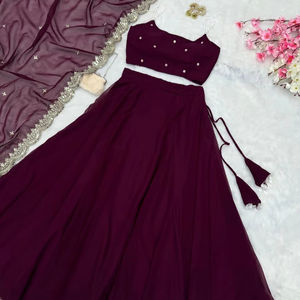 Launching Designer Wine colour Georgette Lehenga Choli & Dupatta Set with Pearl Work Embellissement for Women's Party Wear - Product Image 1
