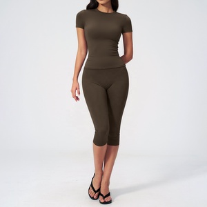 Custom Olive Green 2 Piece 2026 Yoga Set Halter <b>Crop</b> <b>Top</b> High Waist Knee Length Leggings Seamless Solid Color Activewear - Product Image 2