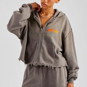 New Arrival <b>Oversize</b> Zip up Women's Hoodies Drop Shoulder Heavyweight 100% Cotton <b>Long</b> Sleeve Distressed <b>Hoodie</b> With Raw Hem - Product Image 1